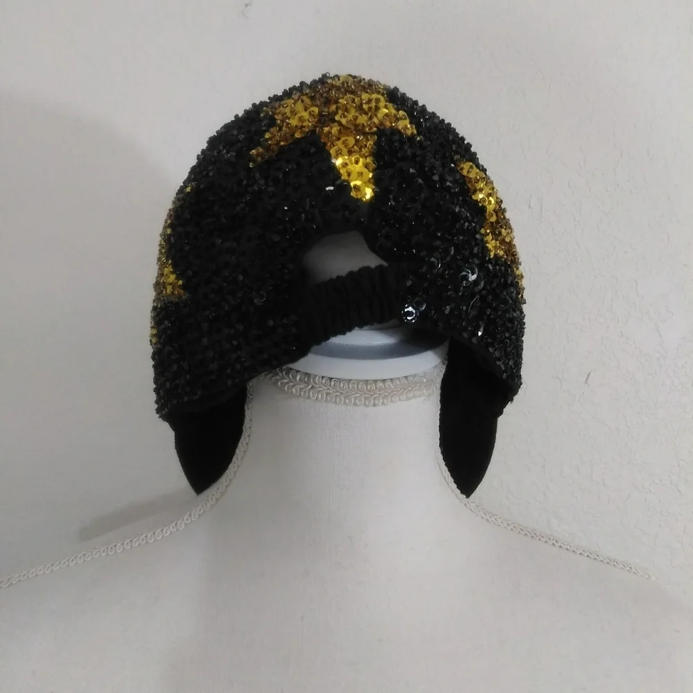 Retro 90s Beaded All Sequin Embellished Black Gold Star Cloth Hat By Magic Craft